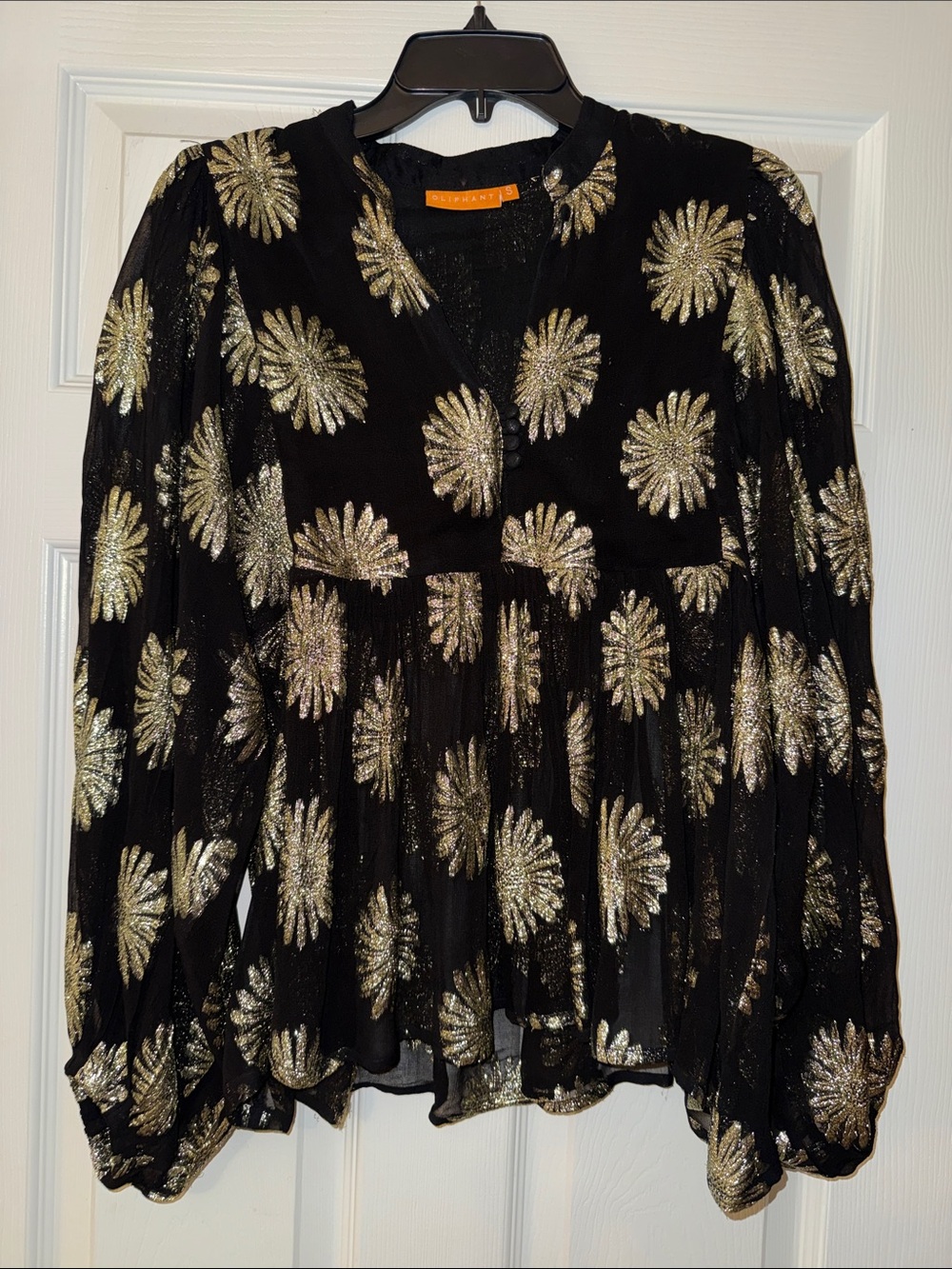 Oliphant Black Blouse with Gold Floral Metallic Print